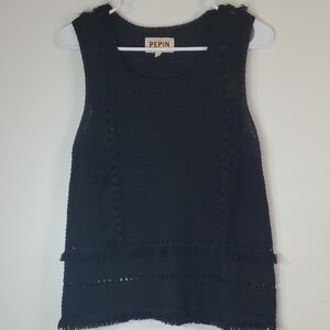 Pepin Crochet Open Knit Tank Top With Fringe Size Small Black